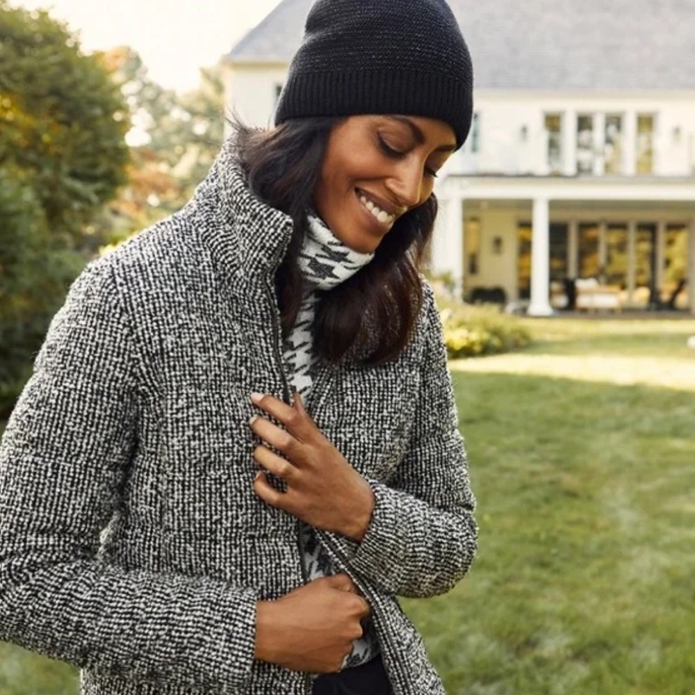Chico’s Women Grey Tweed Textured Mock Neck Men’s Wear Print Wool Blend Jacket
